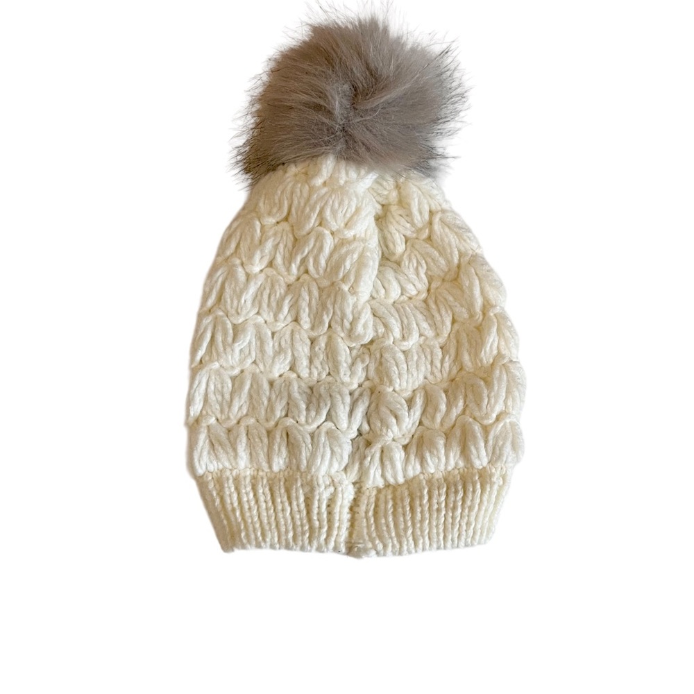Express Knit Beanie Hat Adult One Size Ivory Stretch Slouchy Gray Faux Fur Pom - Picture 3 of 7